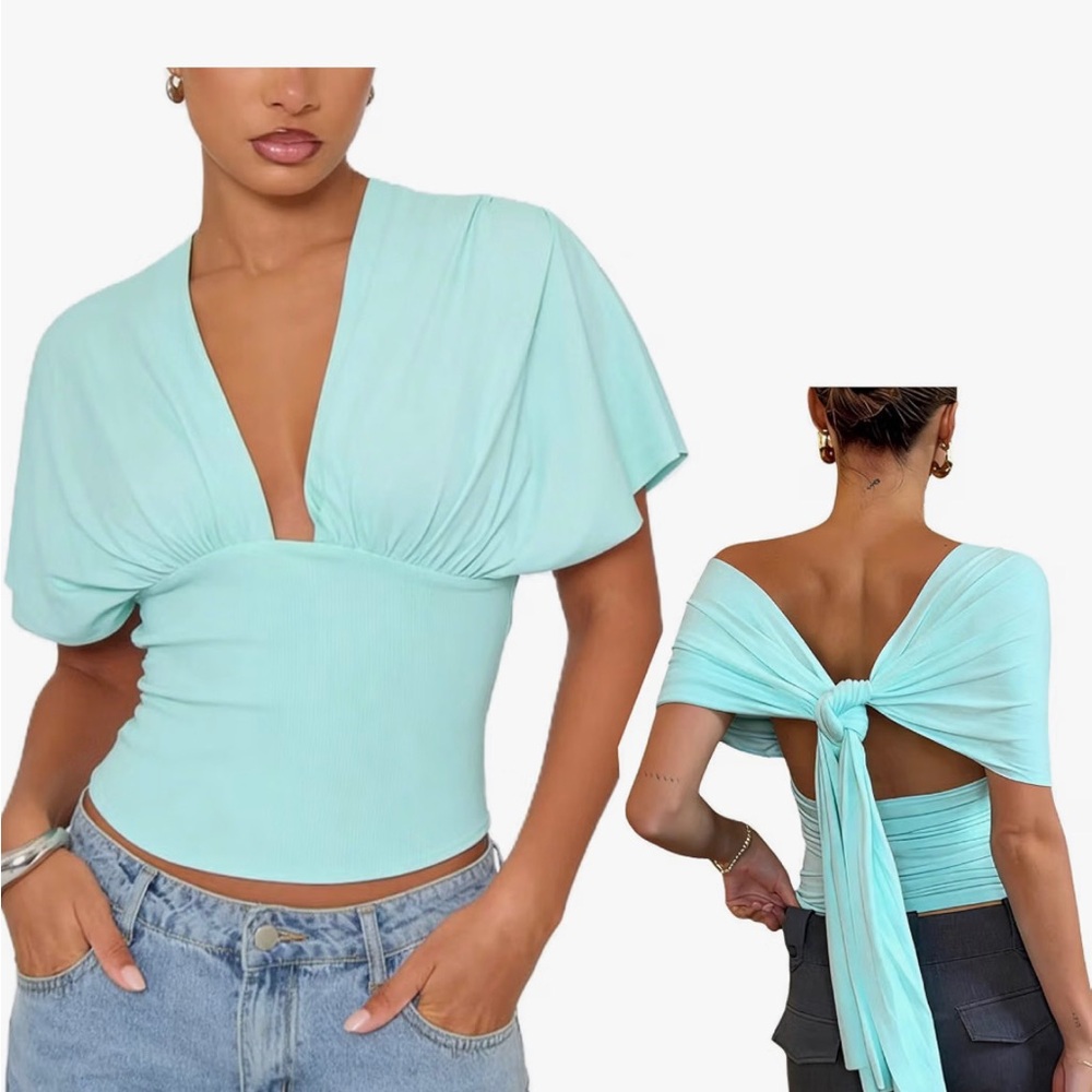 Women’s Aqua Tie-Back V-Neck Top